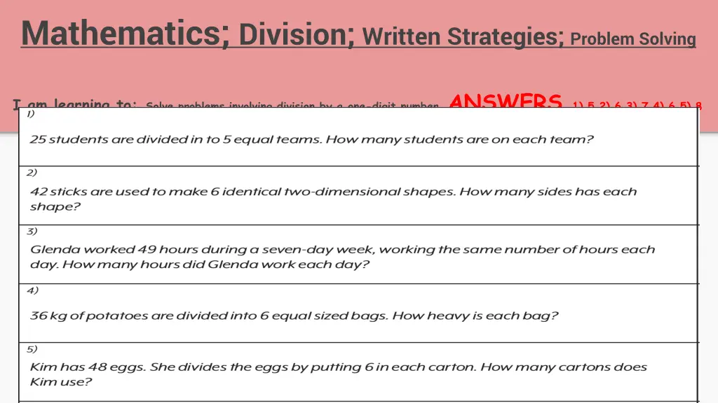 mathematics division written strategies problem 1