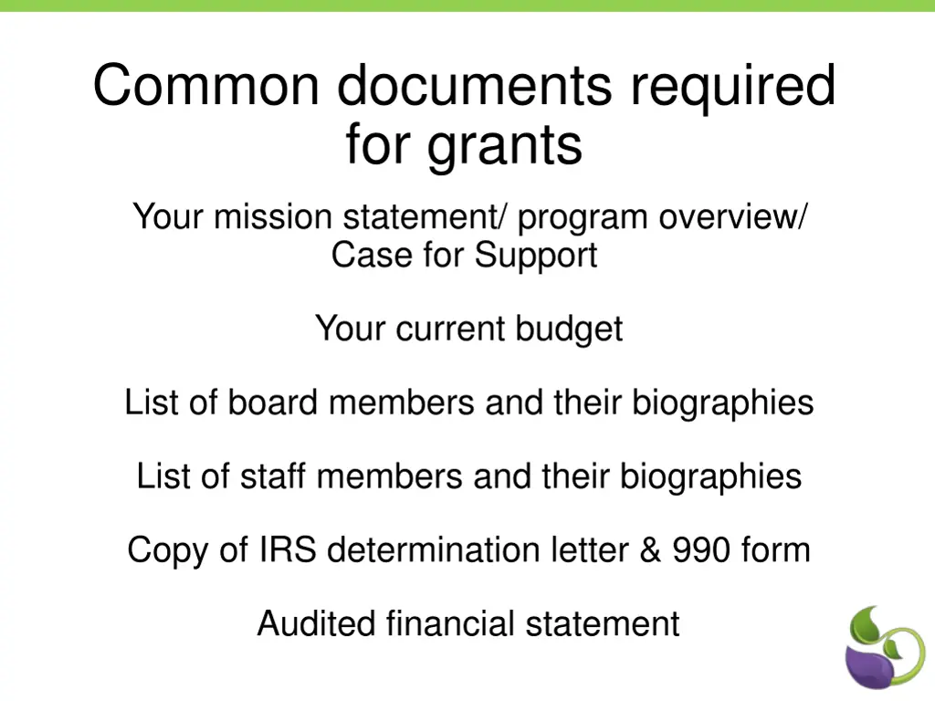 common documents required for grants your mission