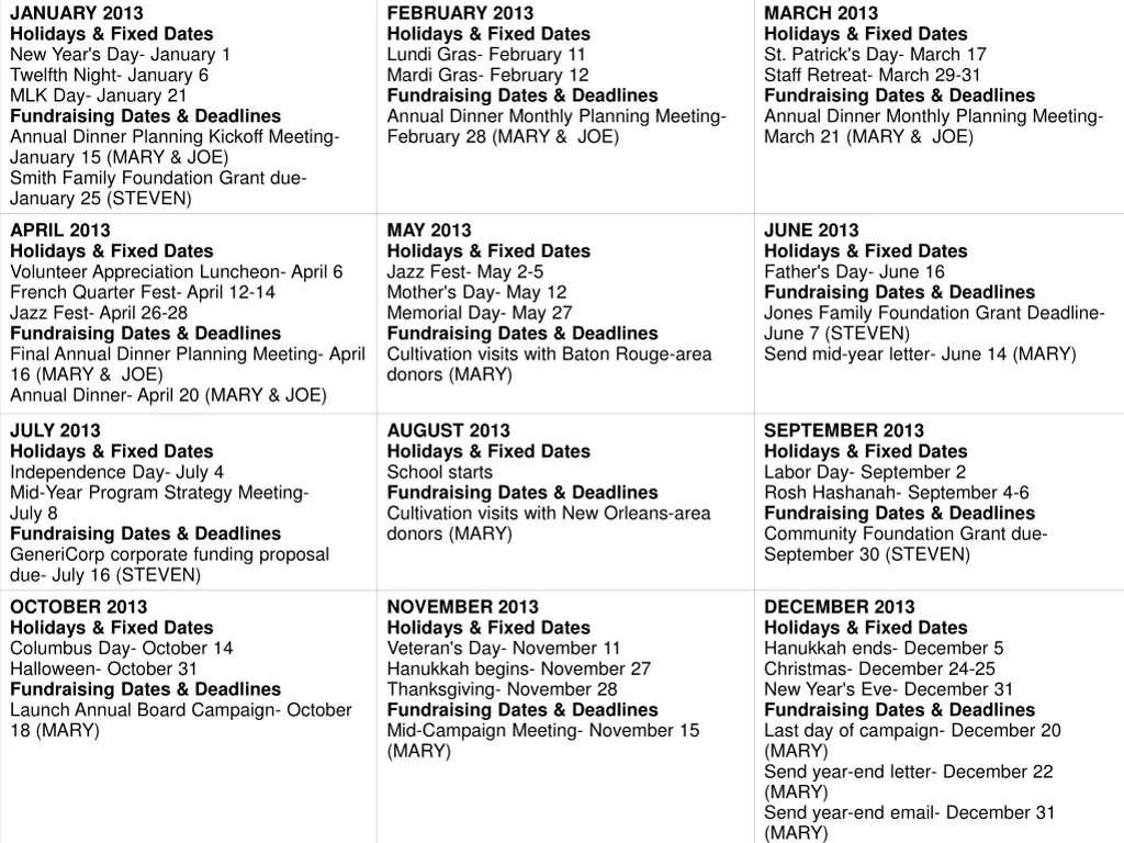 january 2013 holidays fixed dates new year