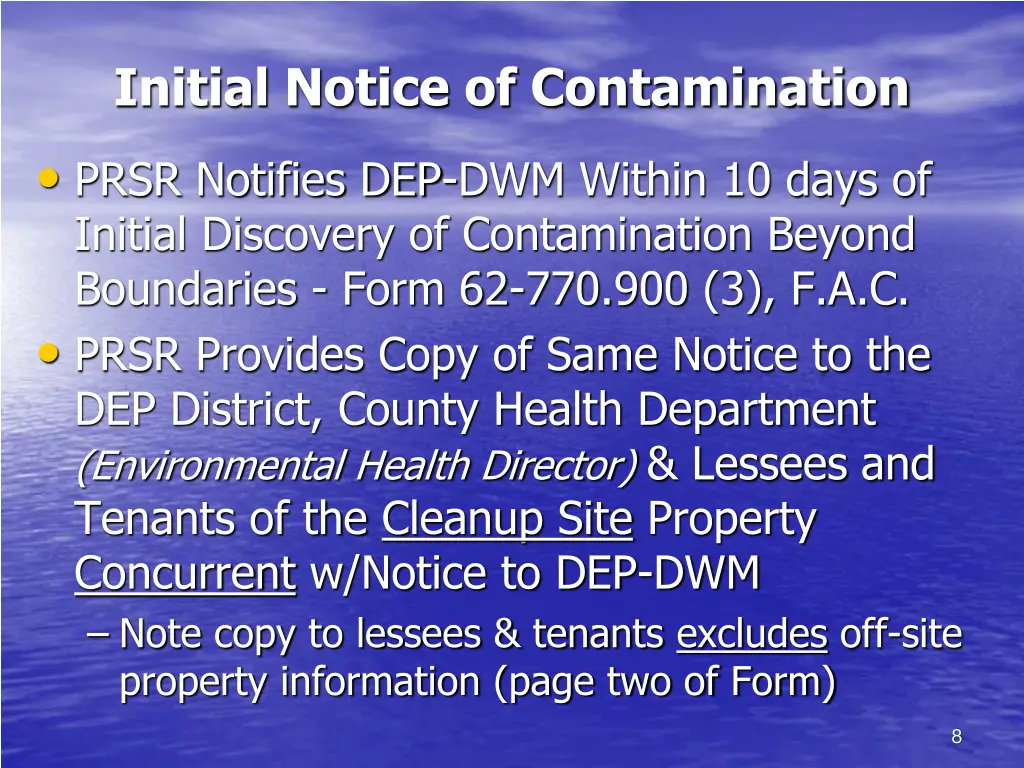 initial notice of contamination prsr notifies