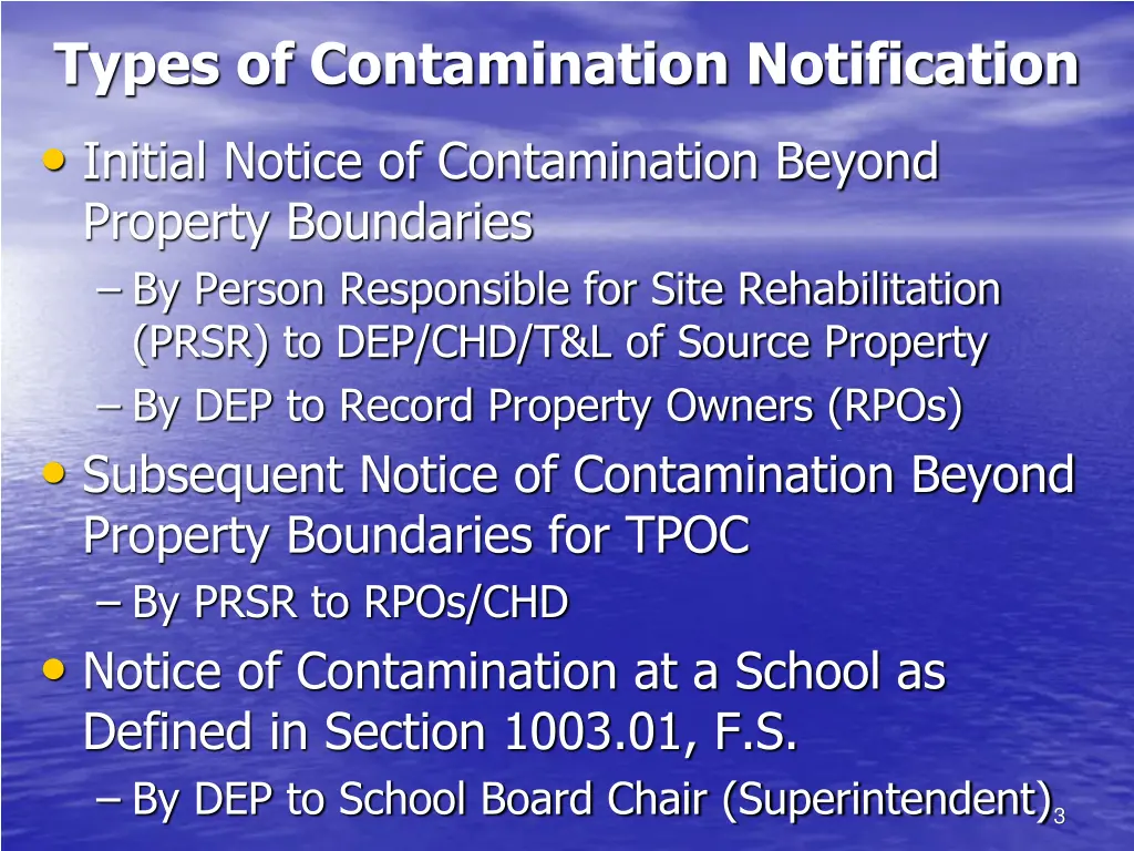 types of contamination notification initial