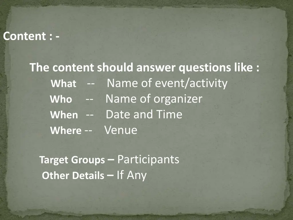 content the content should answer questions like