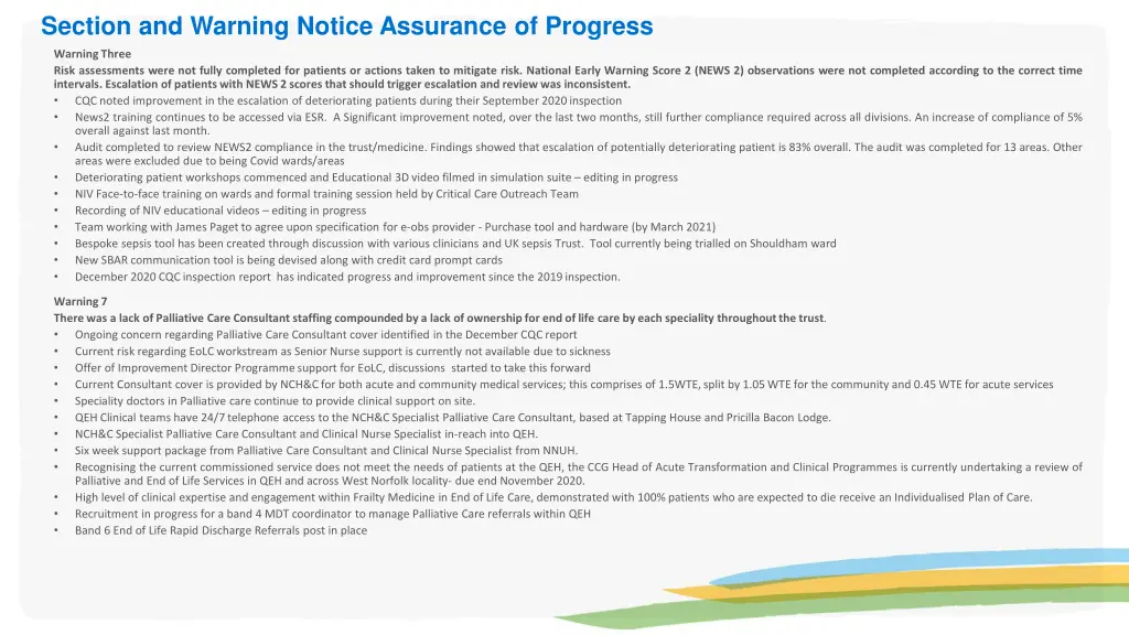 section and warning notice assurance of progress 1