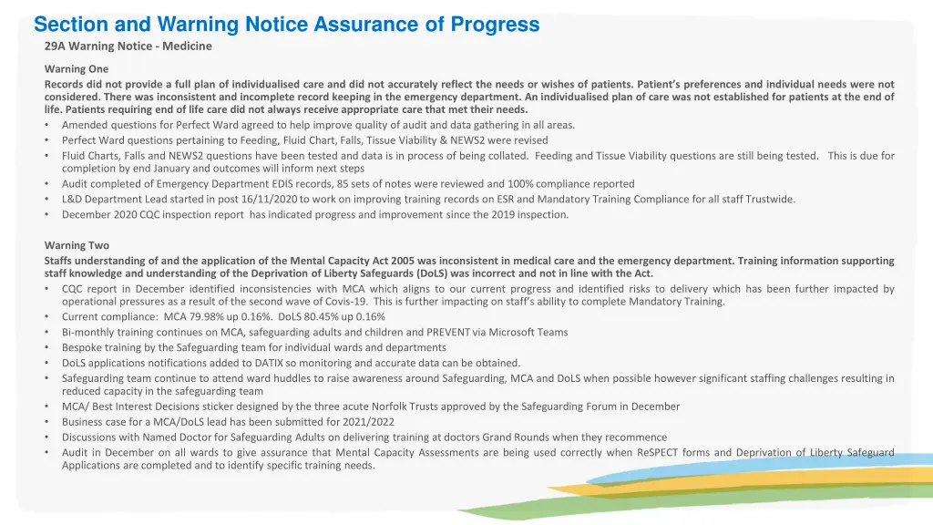 section and warning notice assurance of progress