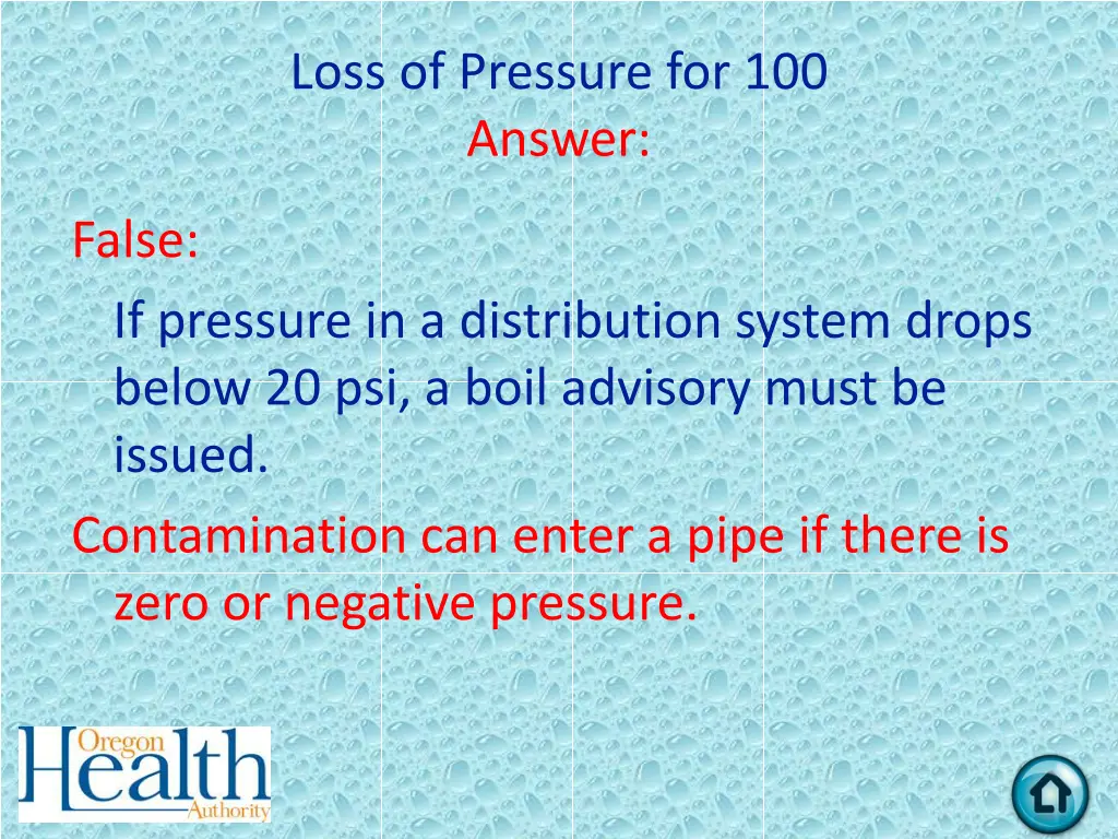 loss of pressure for 100 answer