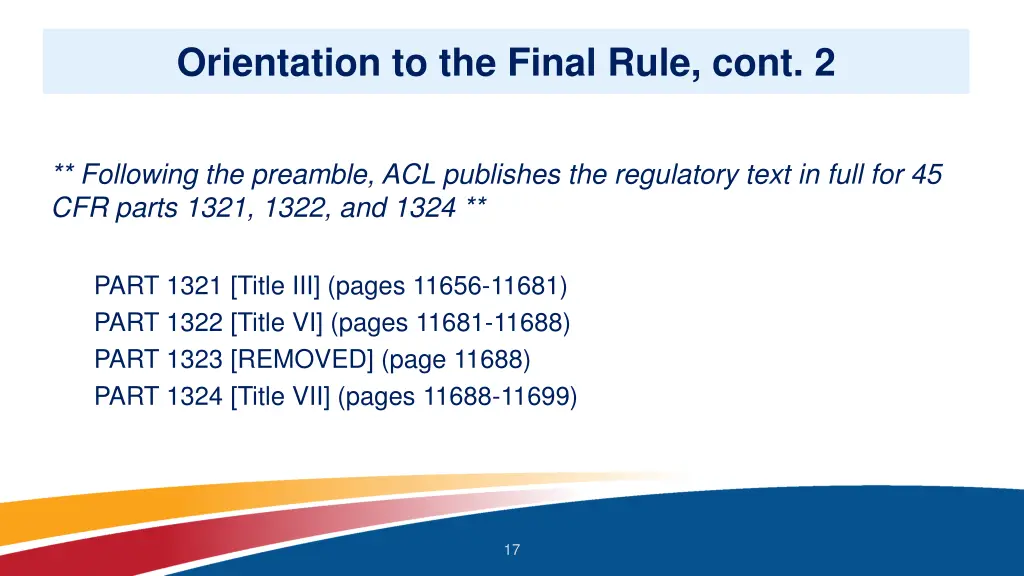 orientation to the final rule cont 2