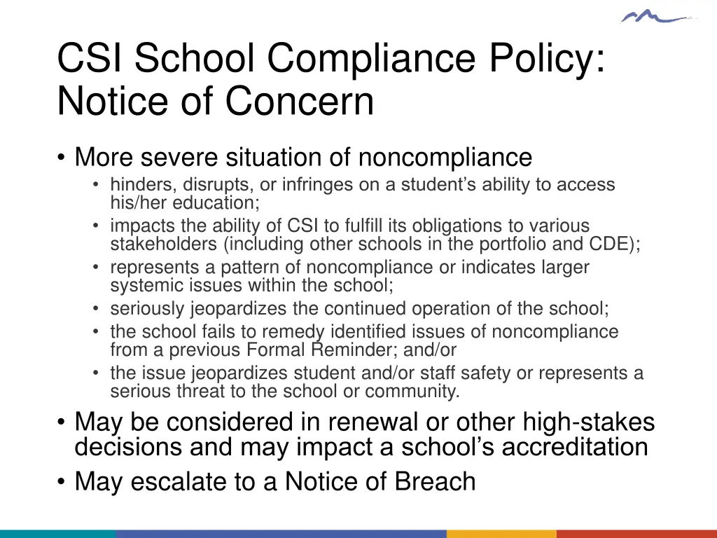 csi school compliance policy notice of concern