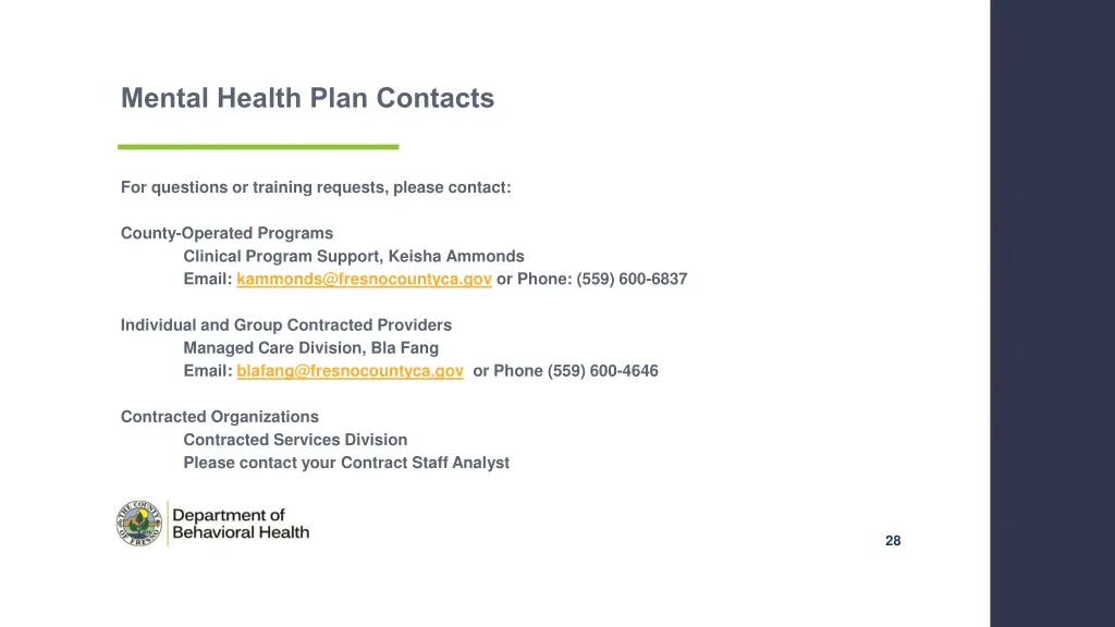 mental health plan contacts