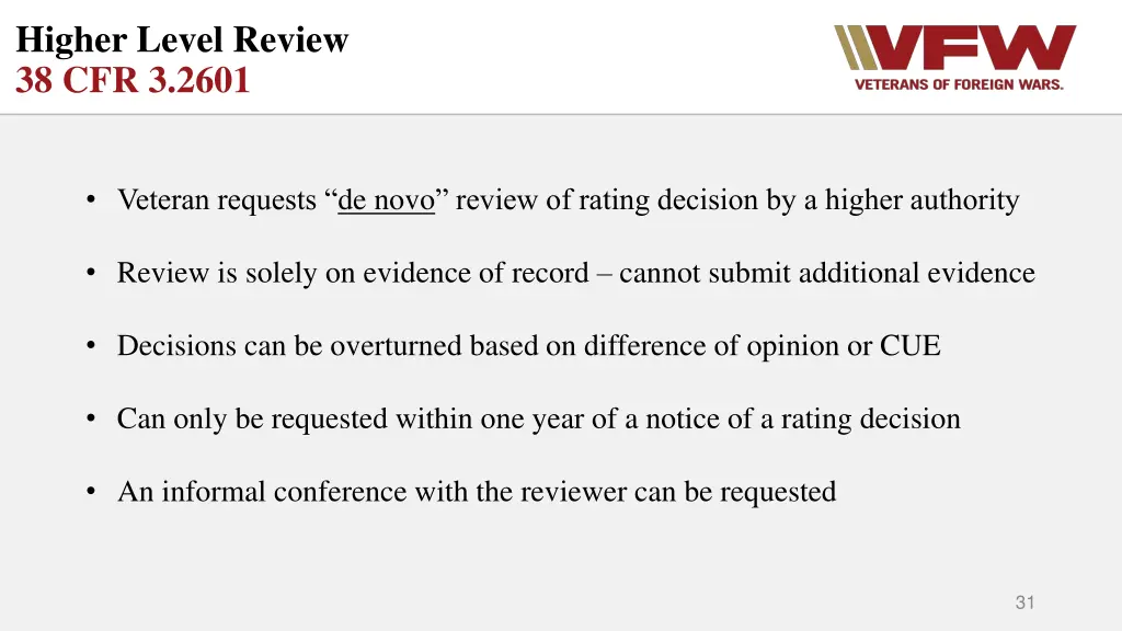 higher level review 38 cfr 3 2601