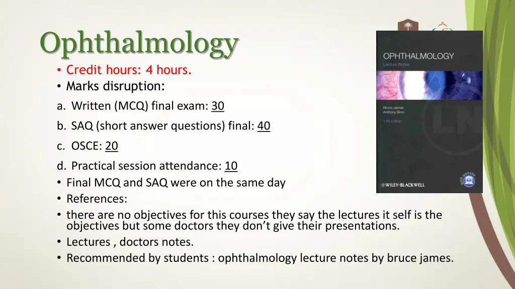 ophthalmology credit hours 4 hours marks