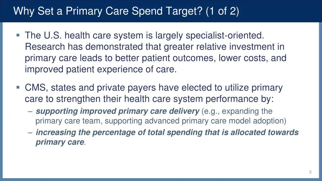 why set a primary care spend target 1 of 2