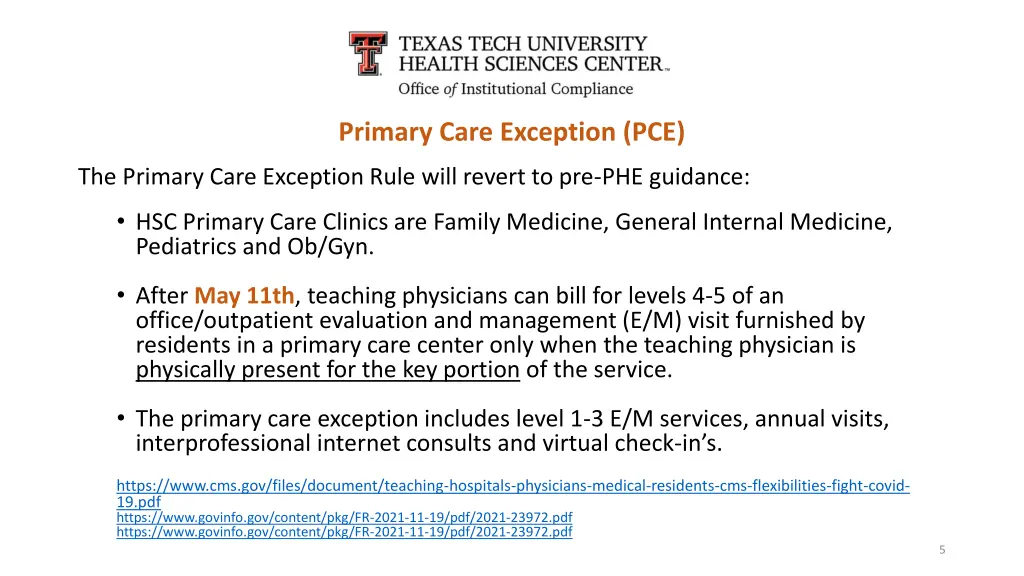 primary care exception pce