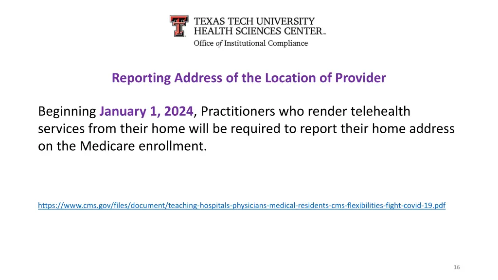 reporting address of the location of provider