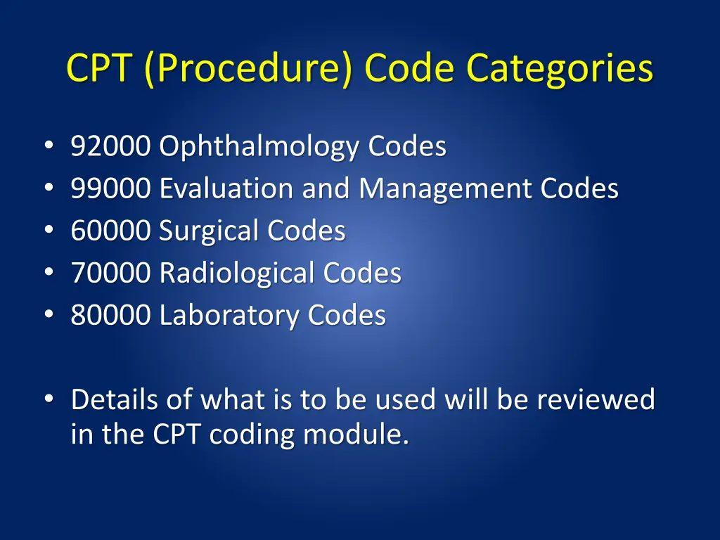 cpt procedure code categories