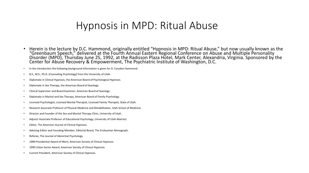 hypnosis in mpd ritual abuse