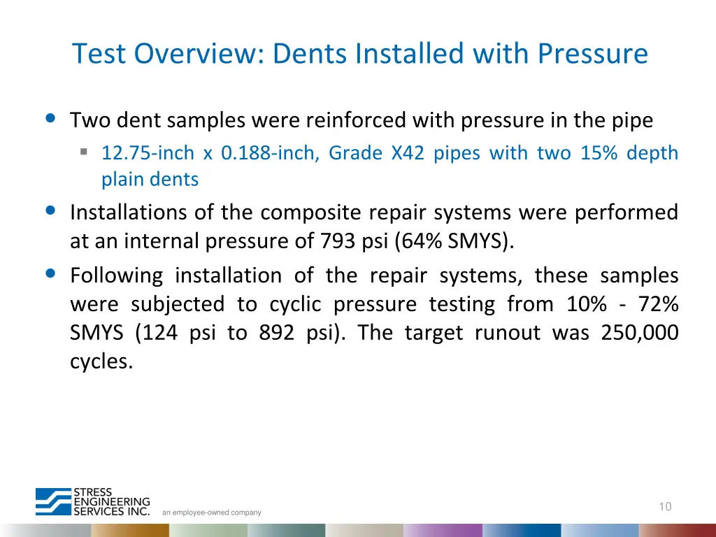 test overview dents installed with pressure