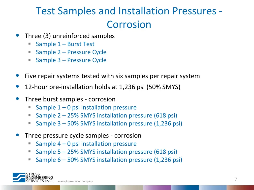 test samples and installation pressures corrosion