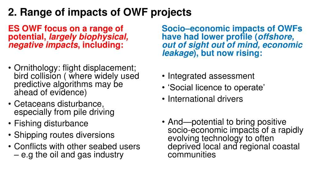 2 range of impacts of owf projects