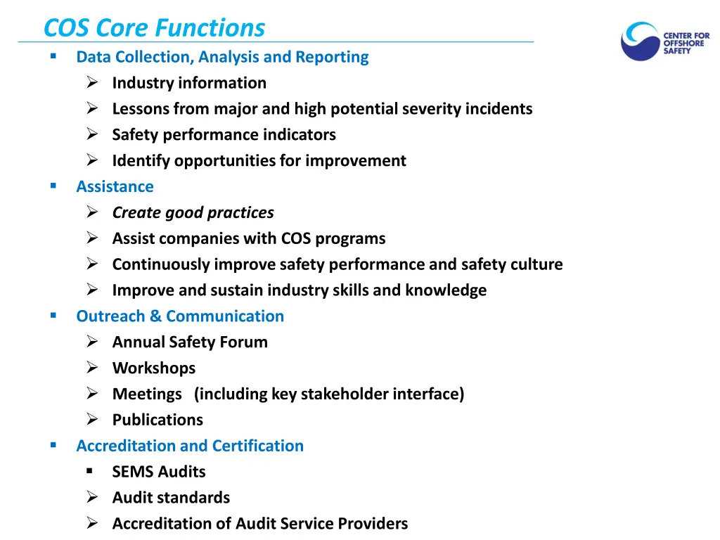 cos core functions data collection analysis