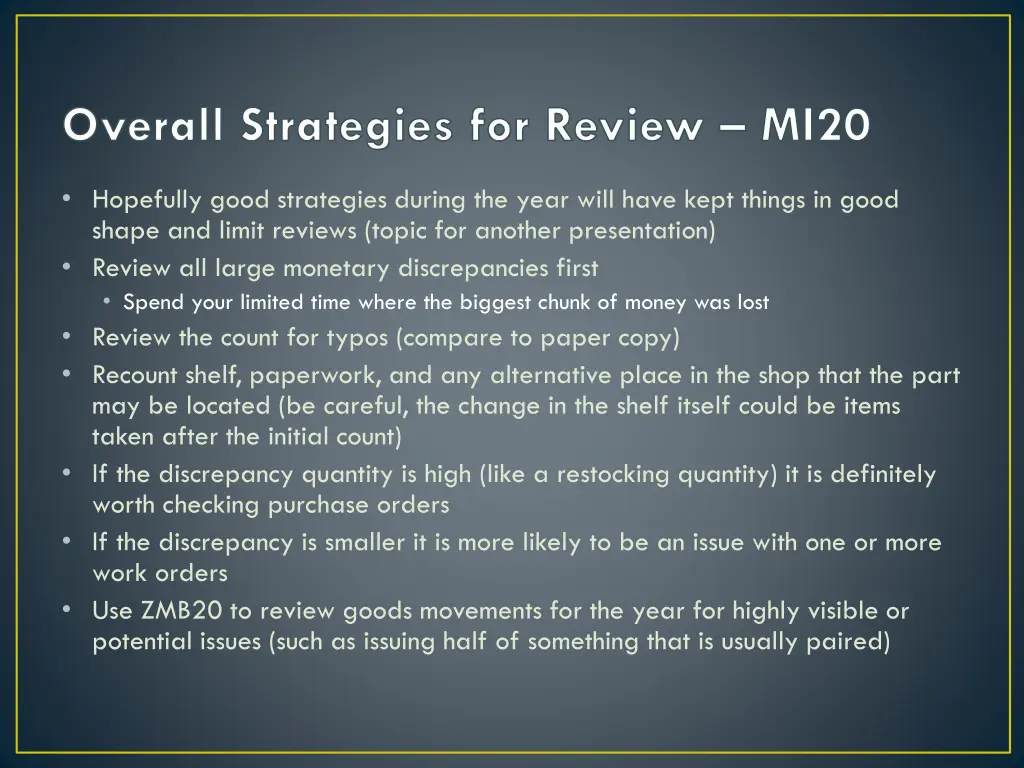 overall strategies for review mi20