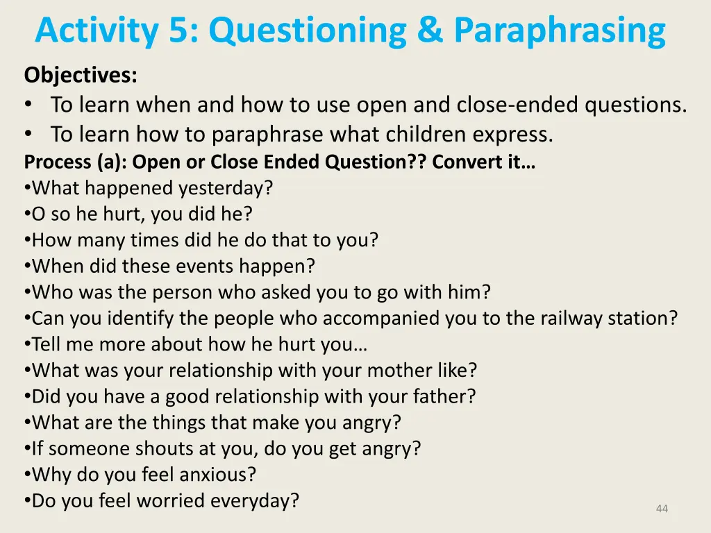 activity 5 questioning paraphrasing objectives