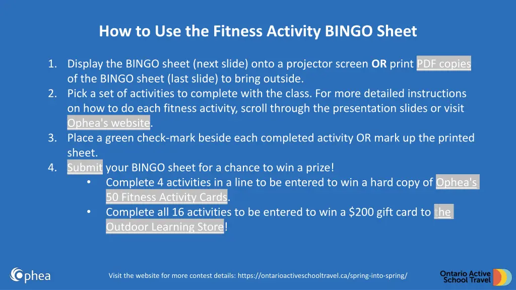 how to use the fitness activity bingo sheet