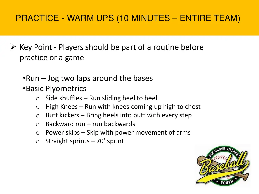 practice warm ups 10 minutes entire team