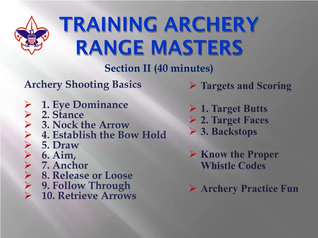 training archery range masters section 1