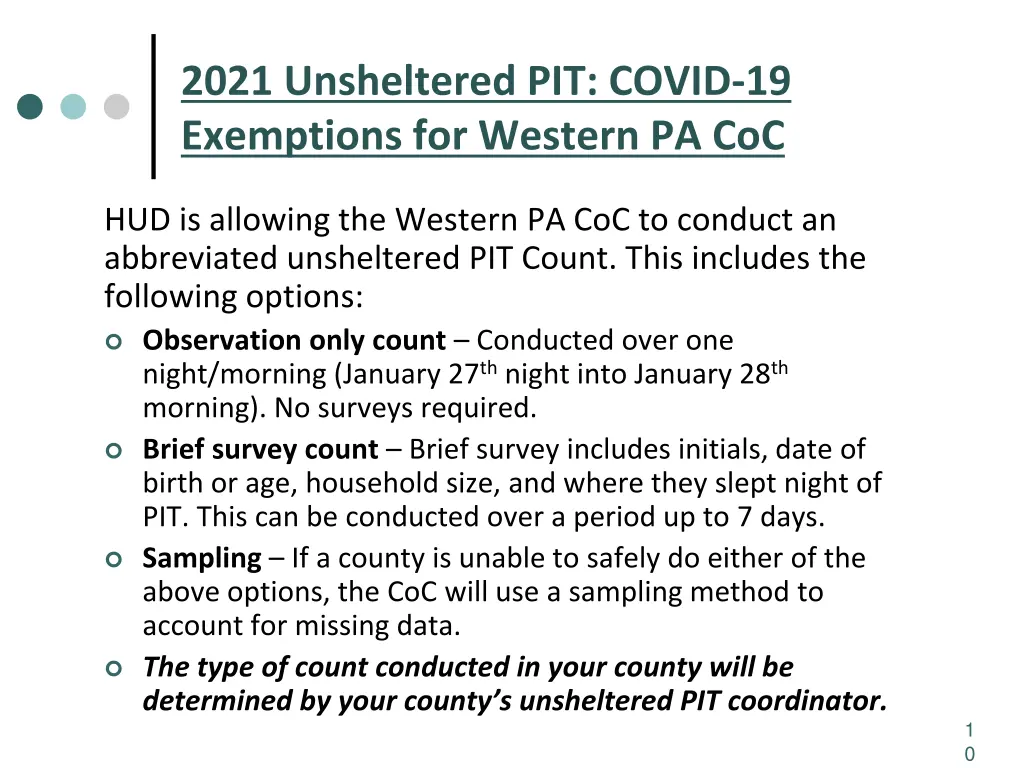 2021 unsheltered pit covid 19 exemptions