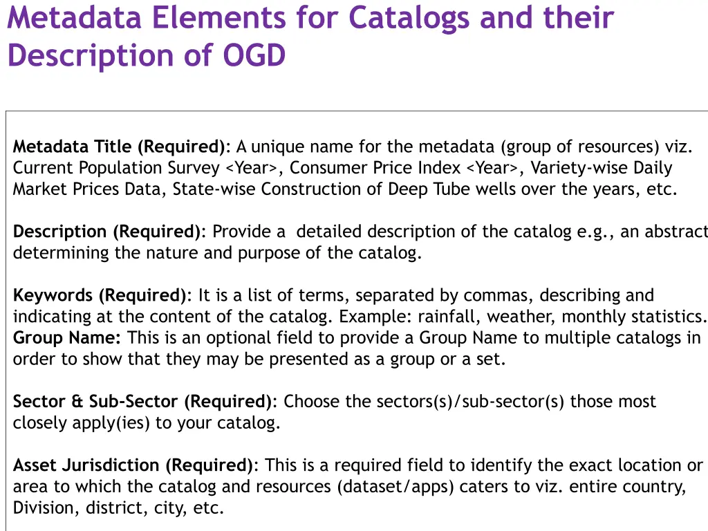 metadata elements for catalogs and their