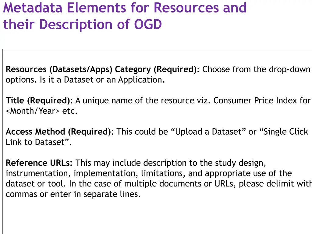 metadata elements for resources and their