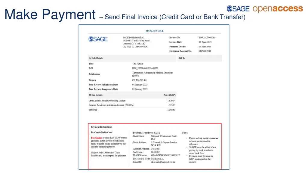 make payment send final invoice credit card