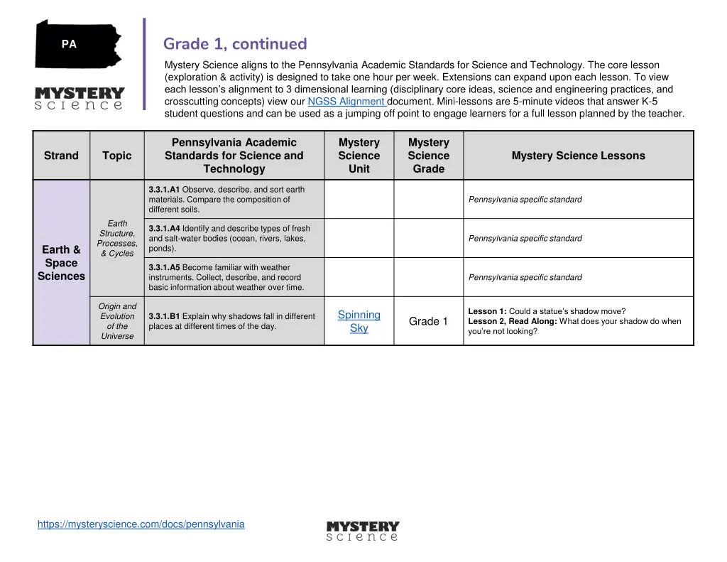 grade 1 continued mystery science aligns