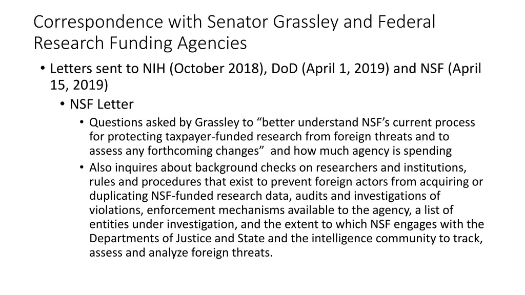 correspondence with senator grassley and federal