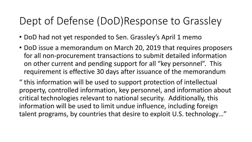 dept of defense dod response to grassley