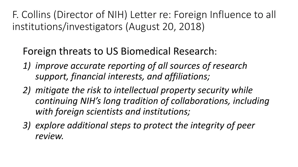 f collins director of nih letter re foreign