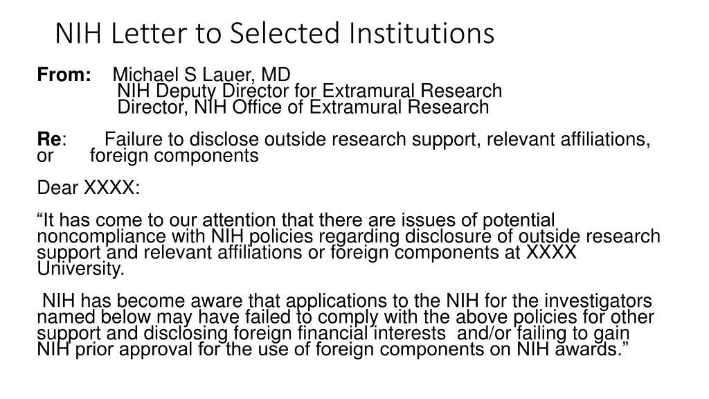 nih letter to selected institutions