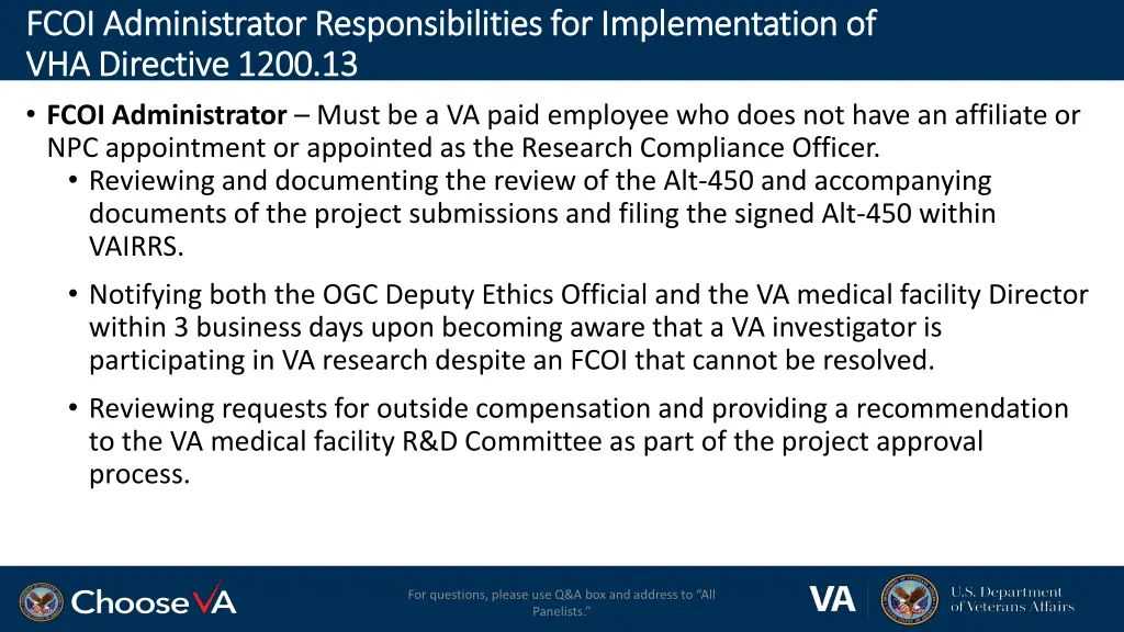 fcoi administrator responsibilities for fcoi