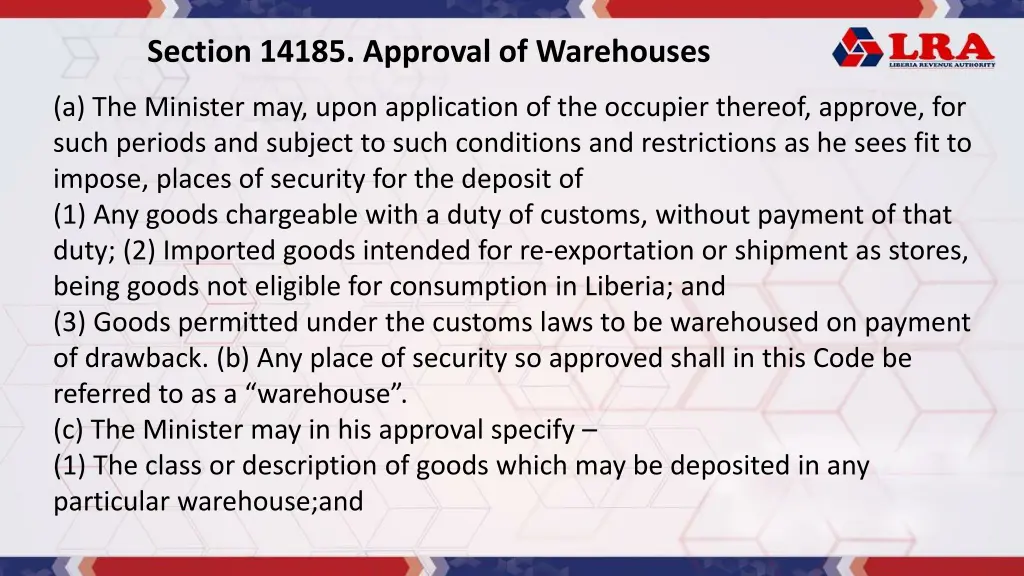 section 14185 approval of warehouses