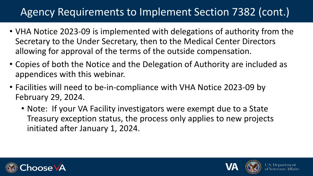 agency requirements to implement section 7382 cont