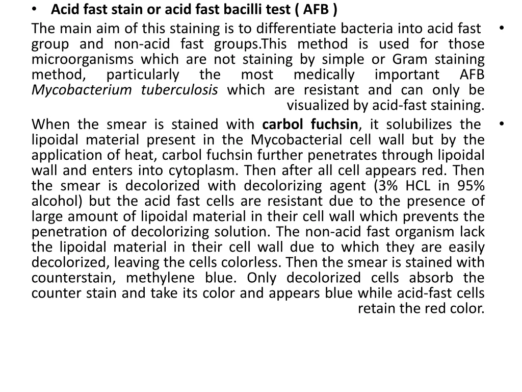 acid fast stain or acid fast bacilli test