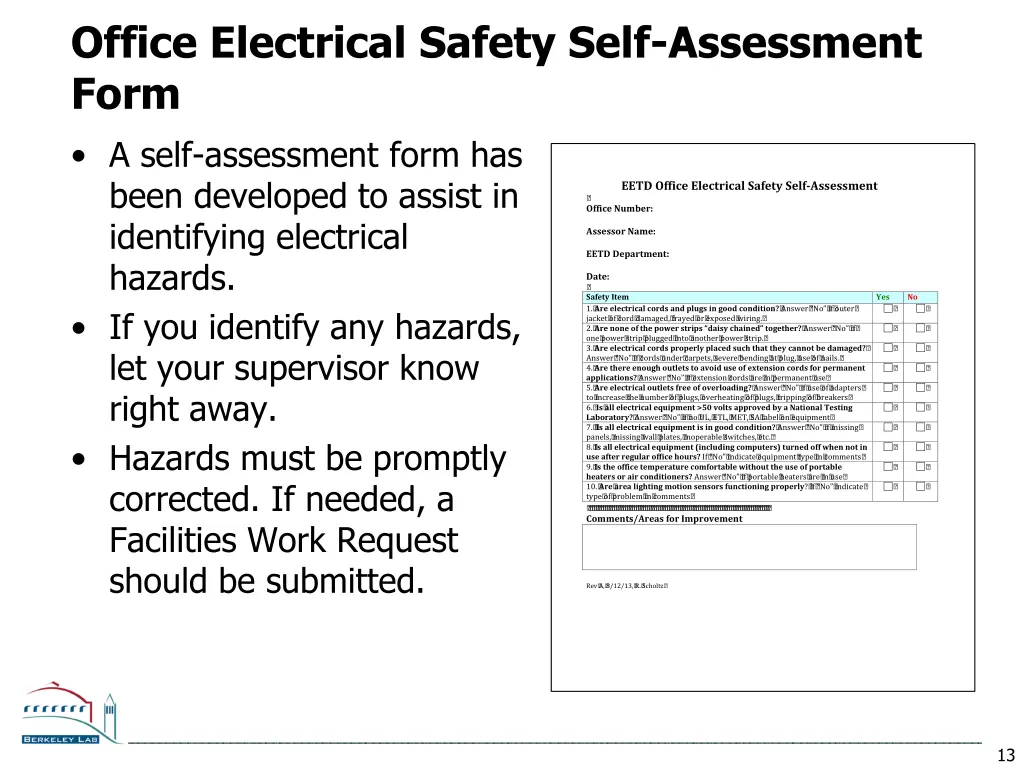 office electrical safety self assessment form