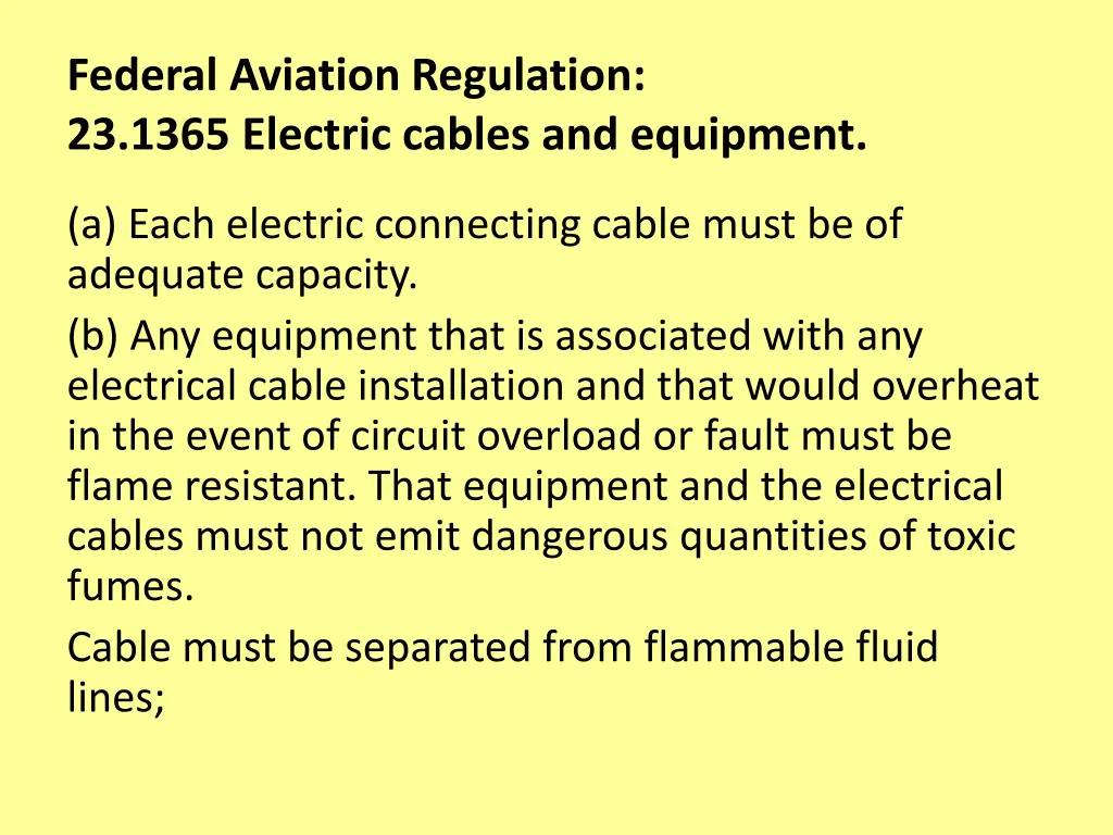 federal aviation regulation 23 1365 electric