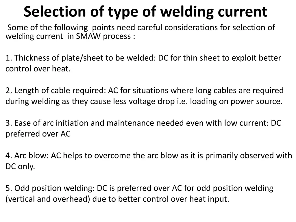 selection of type of welding current some