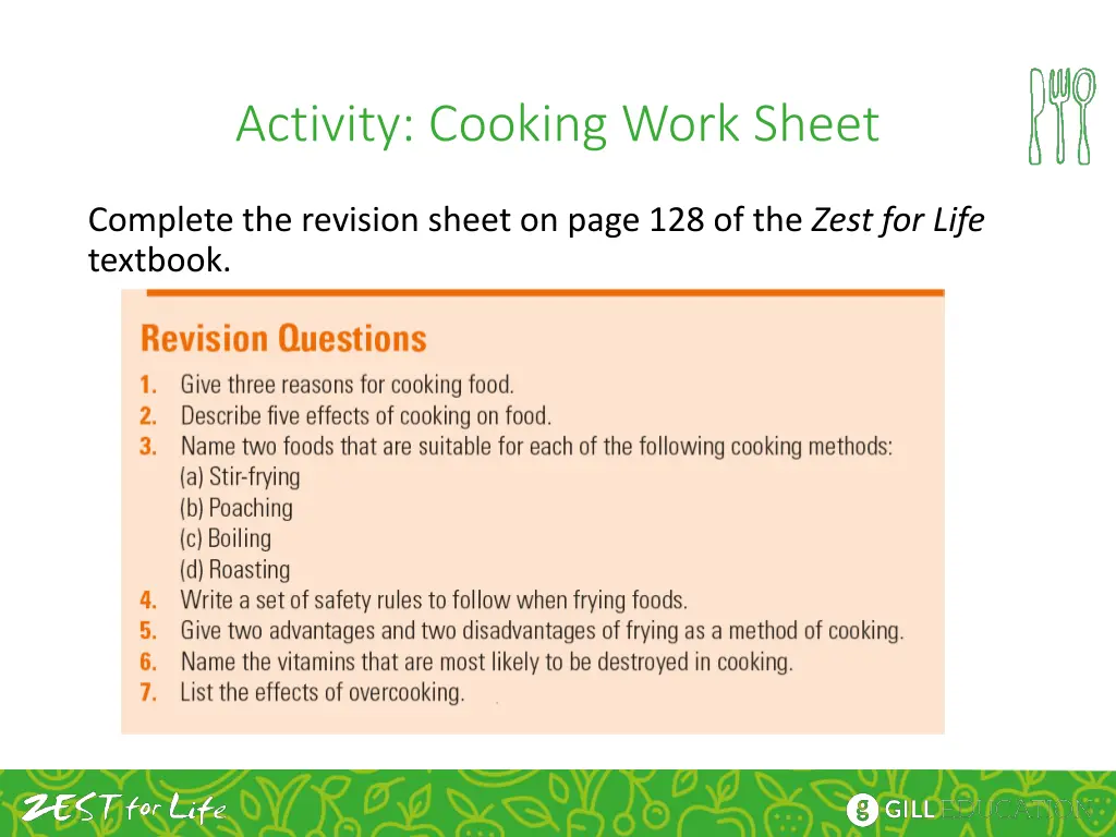 activity cooking work sheet