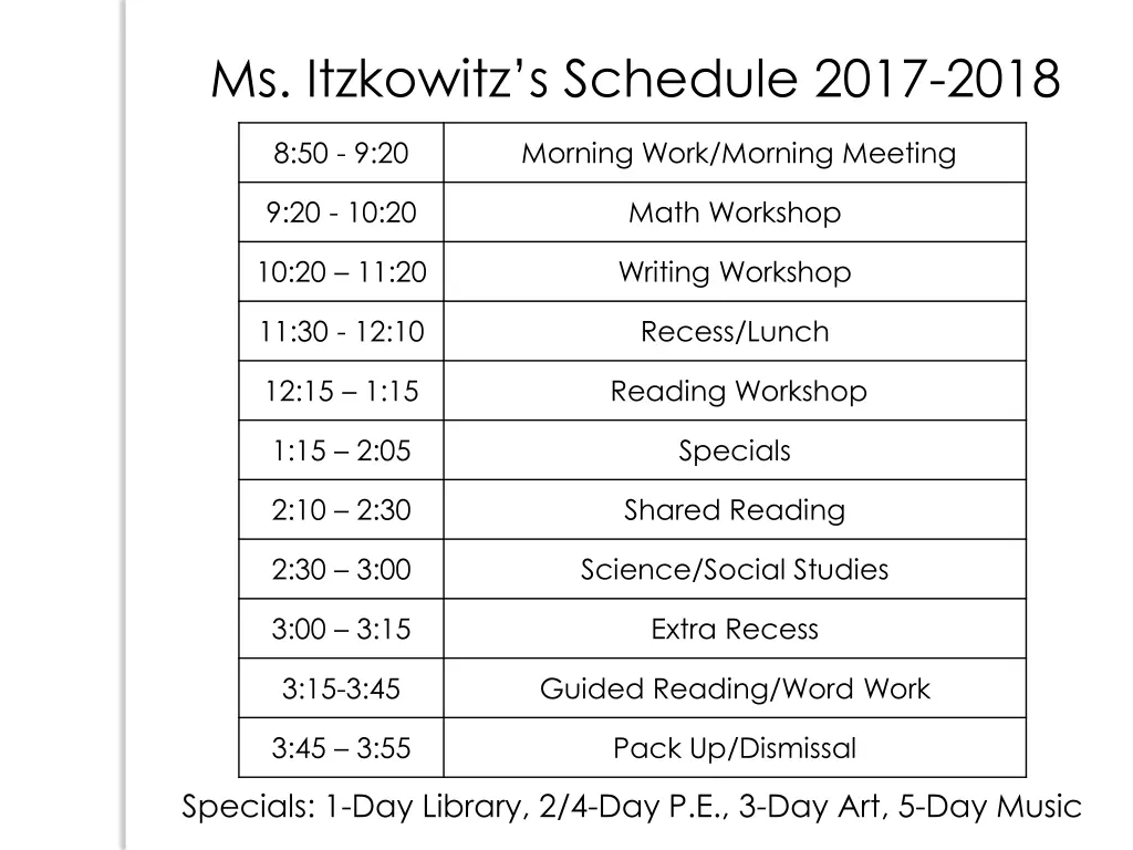 ms itzkowitz s schedule 2017 2018