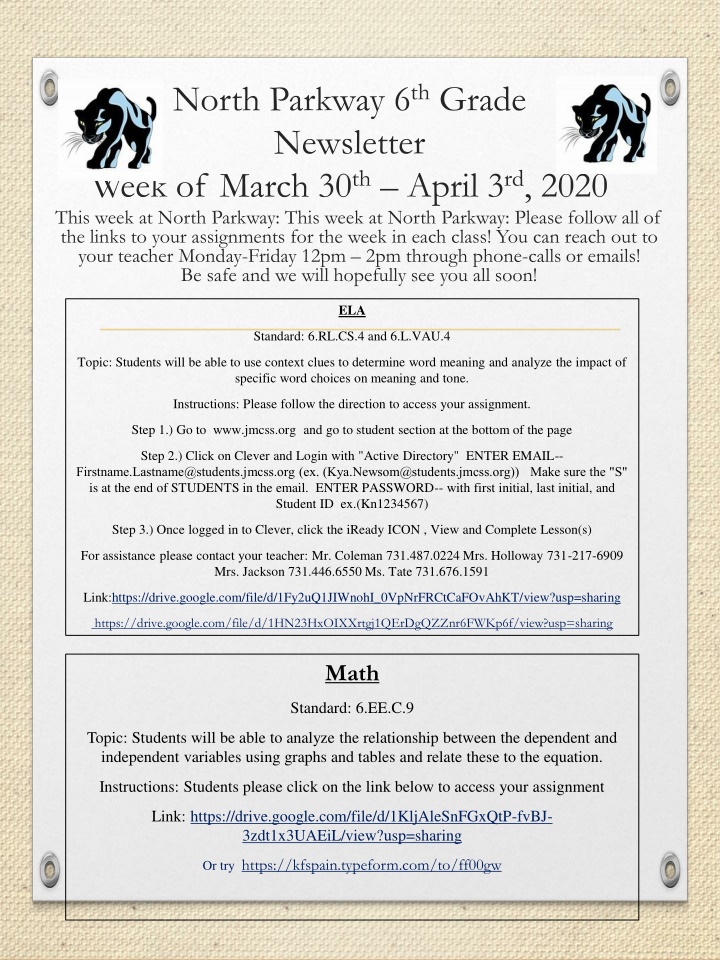 north parkway 6 th grade newsletter week of march