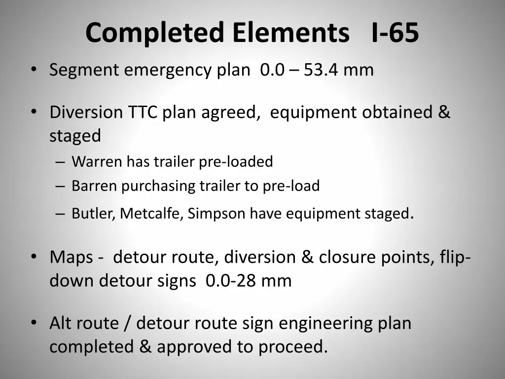 completed elements i 65 segment emergency plan