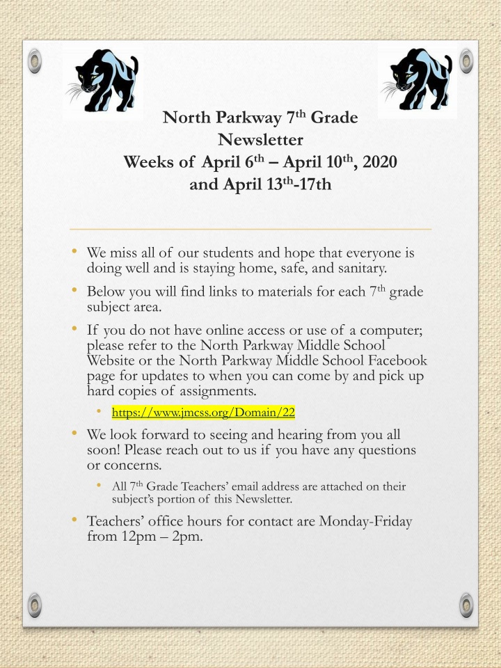 north parkway 7 th grade newsletter weeks