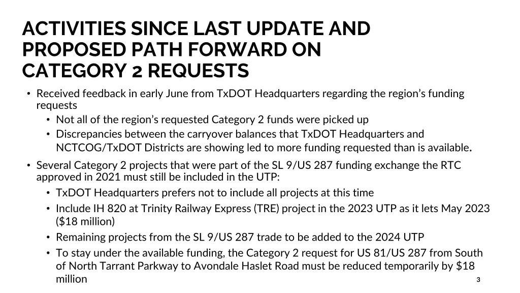 activities since last update and proposed path